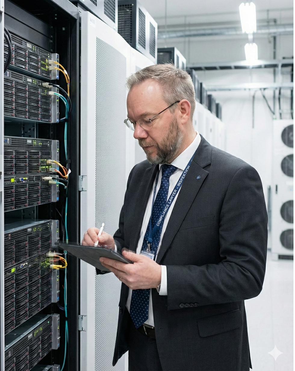 Compliance lawyer conducting a technical inspection in a data centre